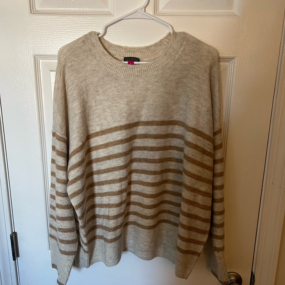 Vince Camuto Beige and Brown Striped Crewneck Sweater